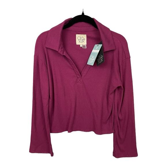 Chaser Open V-Neck Ribbed Long Sleeve Distressed Top in Plum‎ Size S NWT - Picture 2 of 8